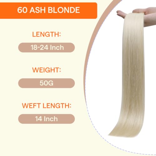 Image of Full Shine Hand Tied Tape in Extensions Human Hair, 60 Ash Blonde | 50g 20 Inch, Human Hair Tape in Extensions with Skin Weft and Silky Straight Texture, Bridal Hairstyles and Lightweight Wear