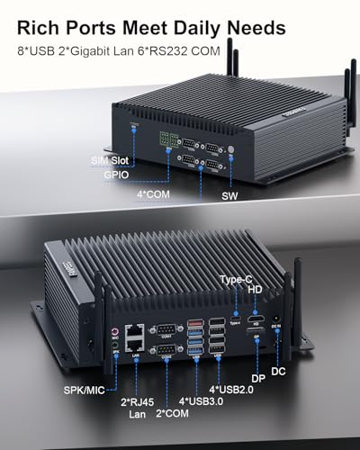 Image of FANPEEC Industrial PC Fanless Mini PC Core i7-10510U 8GB RAM DDR4 128GB SSD, Mini Computer Win 11 Pro 6xRS232 COM, Fanless Mini PC Dual LAN 4xUSB 3.0, 4xUSB 2.0, Dual Band WiFi BT4.2