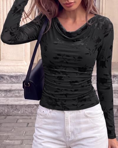 BTFBM Fall Tops For Women Floral Mesh Boho Top Cowl Neck Long Sleeve Shirts - image 4