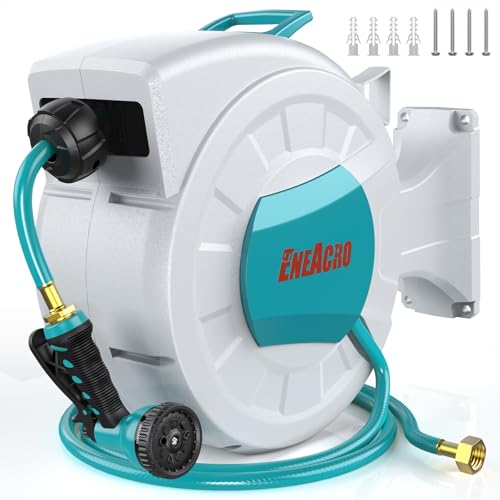 ENEACRO Retractable Garden Hose Reel with Wall Mount 1/2'×100ft with 10 Pattern Hose Nozzle, Brass Connector, Auto Rewind/Any Length Lock/ 180° Swivel Bracket, Ideal for Garden Watering