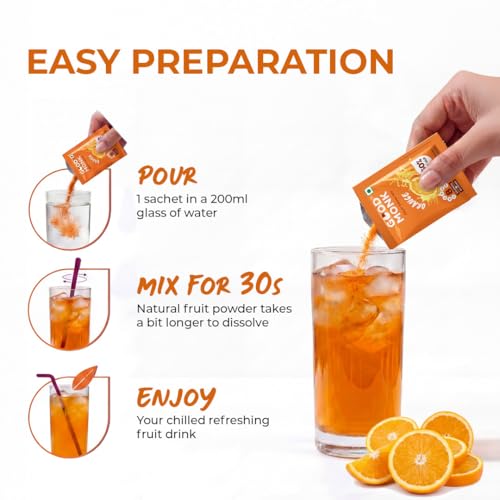 Image of Good Monk Fruit Drink Mix (Natural Orange Powder), 50% Less Sugar with 8 Vitamins & Minerals (Vitamin B12, C, D, Iron & more) | Tasty, Healthy & Tangy Drink Mix for Hydration, Energy, Immunity, 24 Sachets