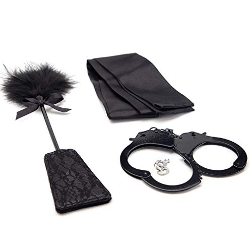 Sm Iron Handcuffs Máscara de ojos de encaje Feather Pat Black Juego de tres piezas