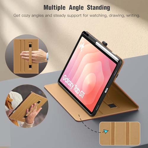 Image of MoKo Case for Samsug Galaxy Tab S11 2025 11-Inch, Brown | S Pen Holder, PU Leather, 2 Adjustable Angle, Auto Wake /Sleep, Hand Strap, Front Pocket, 2 non-slip grooves