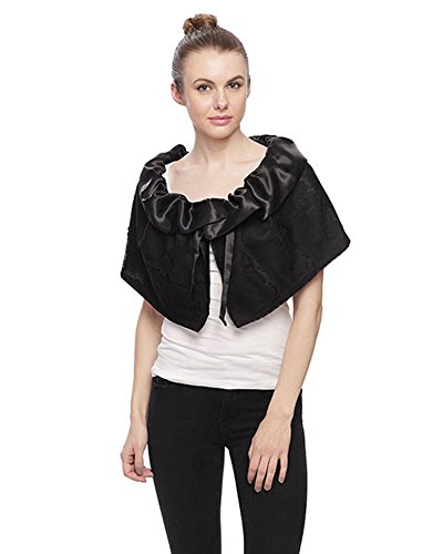 Fashion Secrets Women Lace & Satin Reversible Capelet Jacket Shrug Bolero (Black Black)