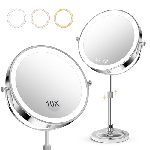 Telihopin 8" Makeup Mirror with Lights,4000mAh Rechargeable Vanity Mirror,1X/10X Double Sided Magnifying Mirror with Adjustable Height, 3 Colors Stepless Dimming Lighted Makeup Mirror,Women Gift