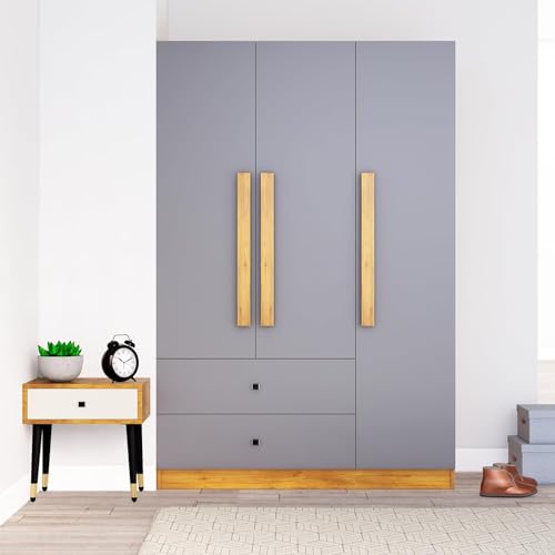 Image of Bniture Wooden Almirah for Clothes, Door for Bedroom, 3 Door Wardrobe with 2 Drawer & Hanging Space (40D x 120W x 180H CM) | 3 Year Warranty (Slate Grey)