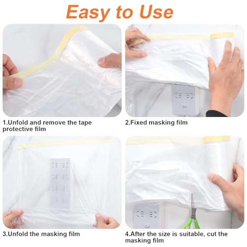 Image of 4 Rolls Painters Plastic with Tape, 3.6Ft x 65Ft Pre-Taped Masking Paper for Painting Automotive Masking Film Paint Adhesive Protective Film Roll for Painting Covering Walls Windows Auto Body