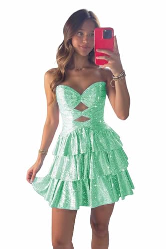 Etpawnk Sparkly Sequin Homecoming Dresses for Teens Strapless Glitter Short Cocktail Party Gowns Corset Cut Out Birthday Party Dress Mint Green Size 6