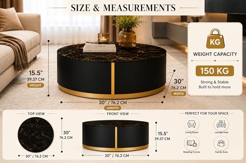 Image of Marble Top Royal Crest Round Center Table | Premium Marble Top Coffee Table for Living Room | Modern Luxury Design 30x30x15.5 Inch (Gray)