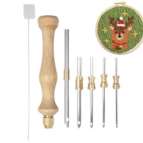 パンチニードル刺しゅうキット, 木製ハンドルパンチニードル, 初心者 大人用 フック縫い クラフト糸 ラグ制作 クロスステッチ クリスマスプロジェクト ツール