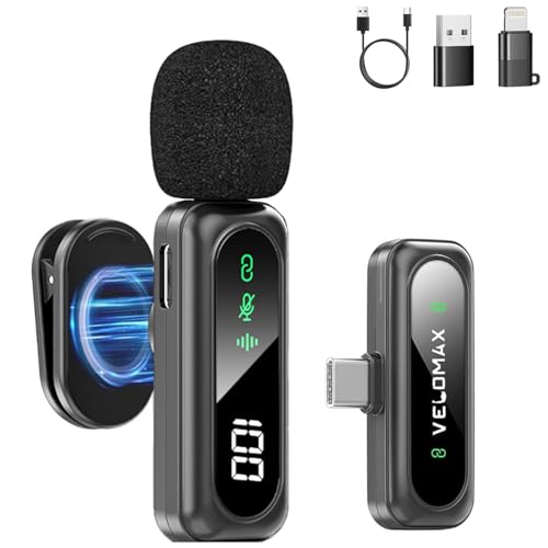 Image of VELOMAX Mic for YouTube Wireless, Noise Reduction Magnetic Clip Wireless Microphone with LED Indicator and Battery Display for Video Recording Creators (Single Mic)