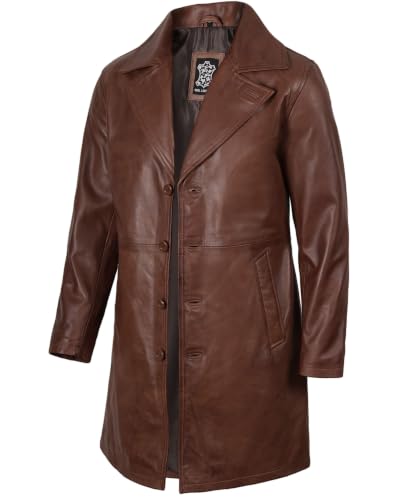 Image of Blingsoul Men's Leather Car Coat - Genuine Lambskin Long Leather Jacket for Men, Real Leather Coat with Lapel Collar