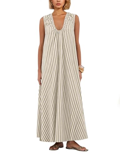 Image of Women Sleeveless Ruched Maxi Dress Scoop Neck Long Elegant Dresses Wide Shoulder Strap Blouse Dress with Side Pockets