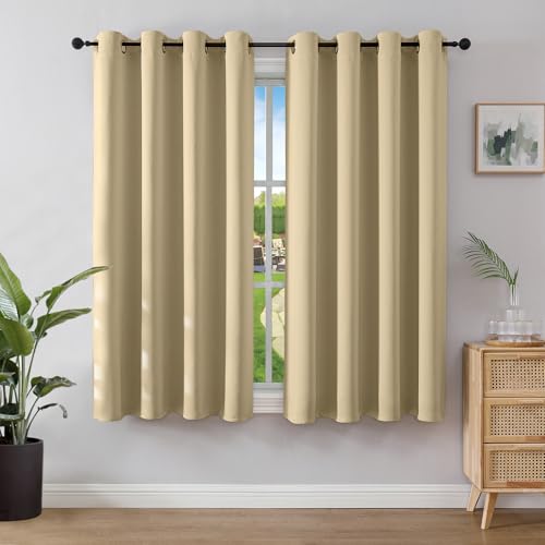 Image of Joydeco Blackout Curtains for Bedroom 66 x 54 Inch, Eyelet Thermal Insulated Energy-saving Drapes for Room Darkening Light Filtering, Short Window Treatments 54 Inch Drop, 2 Panels - Beige