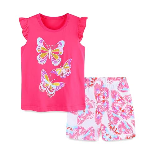 Image of HILEELANG Toddler Girl Summer Short Outfit Sets Cotton Short Sleeve Tops Tees Shorts Clothing Sets