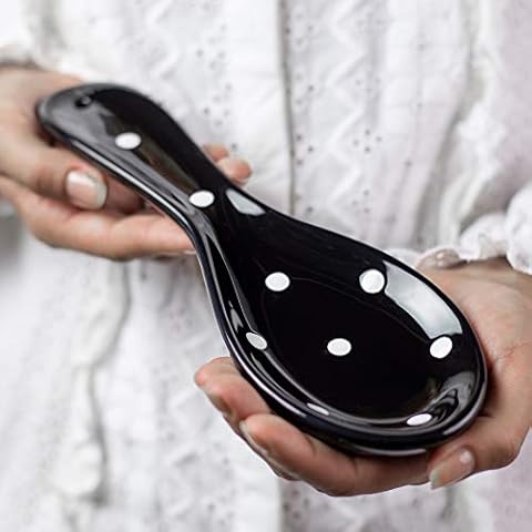 City to Cottage® Black and White Polka Dot Handmade Hand Painted Ceramic Kitchen Cooking Spoon Rest | Utensil Holder Cover