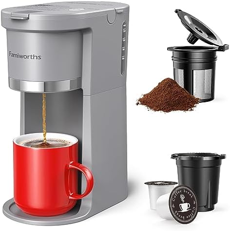 Famiworths Mini Coffee Maker Single Serve, Instant Coffee Maker One Cup for K Cup & Ground Coffee, 6 to 12 Oz Brew Sizes, Capsule Coffee Machine with Water Window and Descaling Reminder, Gray