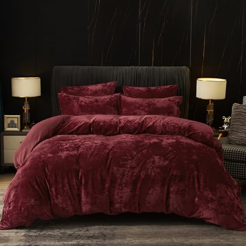 PHF Truly Velvet Duvet Cover Set King Size 3pcs Ultra Soft Breathable Comforter Cover Set Luxury Cozy Flannel Duvet Cover with Pillow Shams Bedding Collection 104 x 90 Wine Red