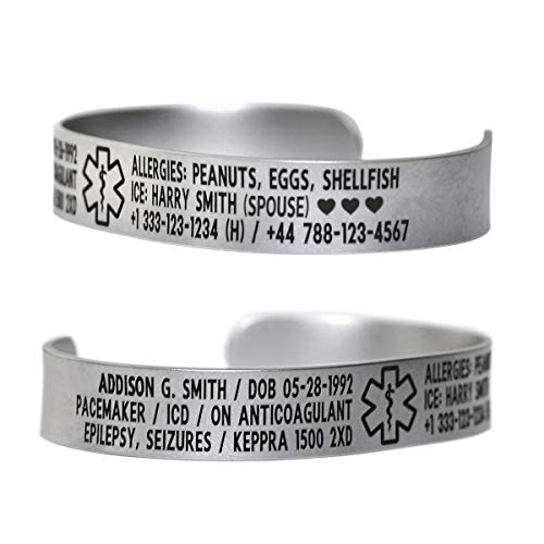 Medical Alert Id Bracelet Cuff 12Mm Wide, 316L Stainless Steel - Customize And Personalize 6 Lines With Your Conditions #TOP4