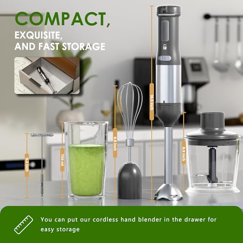 Cordless Immersion Hand Blender, 5-in-1 Variable Speed blender handheld,Rechargeable with 2000mAh Battery, BPA-Free & Dishwasher-Safe Accessories:700ml Beaker,Chopper,Whisk & Milk Frother,Grey image 4