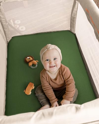 Image of Blissful Diary Muslin Mini Crib Sheets, Pack and Play Mattress Sheets Fitted for Pack N Play, Soft Cotton for Boys Girls, 2 Pack(Monstera&Dark Green) | fitted for pack n play, soft and breathable cotton, boho style, easy care for machine wash, gifts for boys and girls