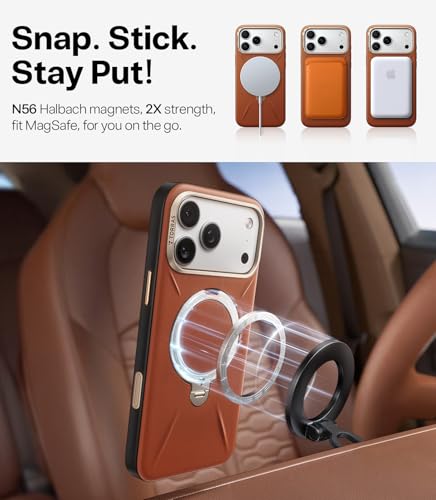 Image of TORRAS Q3 VegSkin for iPhone 17 Pro Max Case Leather, 360 Spin Magnetic Stand, Fit for MagSafe, Camera Control, Shockproof Premium Organic Silicone Leather Case for iPhone 17 Pro Max, Saddle Brown