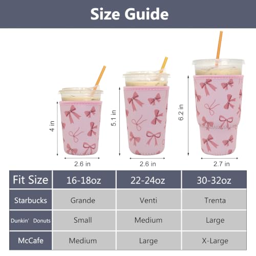 Image of 3 Pack Reusable Iced Coffee Sleeves - Xumbtvs Insulator Sleeve for Cold Beverages, Neoprene Coffee Cup Holder (Pink Bow)