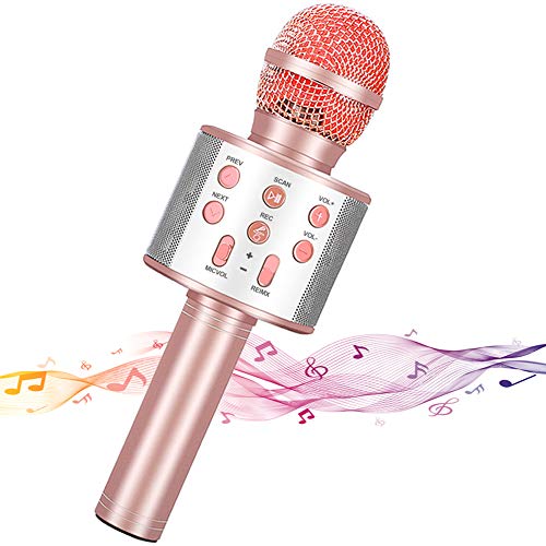 Micrfono Inalmbrico Karaoke,Guiseapue Micrfono karaoke microfonos Bluetooth Altavoz para Nios Canta Partido Musica Compatible con PC/iPad/iPhone/Smartphone(Oro rosa)