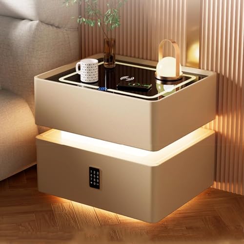 HJYBFA Mesita de Noche para Dormitorio con estación de Carga, mesita de Noche LED Levitate con función de detección Corporal, Cubierta de Vidrio Templado Inteligente, Sala de Estar