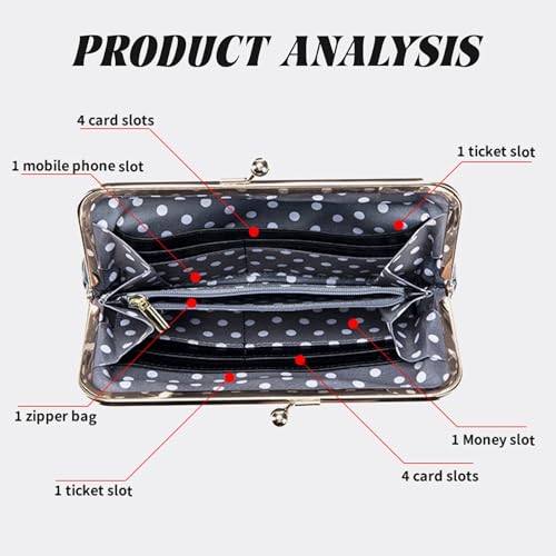 Kiss Lock Wallet for Women, Leather Vintage Wallet with Zipper Coin Pocket, Multi-card Slots Card Holder, Dark Blue Soft Leather Wallets for Women2