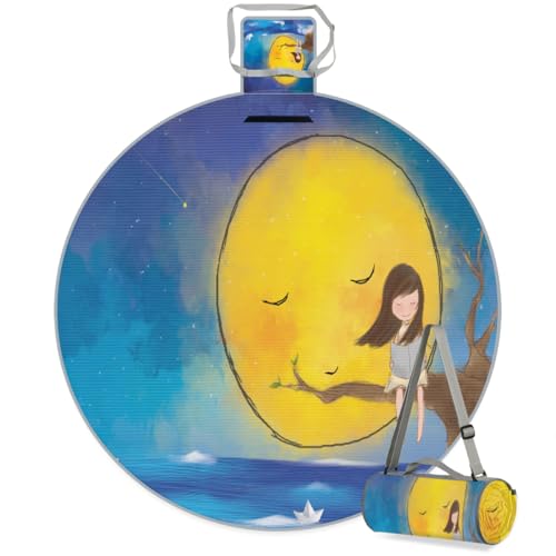 Shimoshe Starry Moon Tree Cartoon Girl Picnic Outdoor Blanket Foldable Waterproof Sandproof Beach Blanket Portable Water-Resistant Round Picnic Mat for Travel Camping Park Lawn
