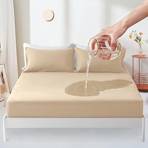 Sufdari Waterproof Mattress Protector Small double(4FT),122x190cm Mattress Cover for Bed,30cm Deep Pocket Fitted Sheet Style Mattress Protector with Elastic Rubber Band-Light Tan