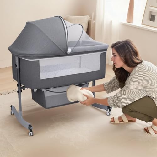 VNsdSD Cuna for bebé, Cuna de Noche Ajustable en Altura con y mosquitera, Mecedora móvil, Cama portátil for recién Nacido