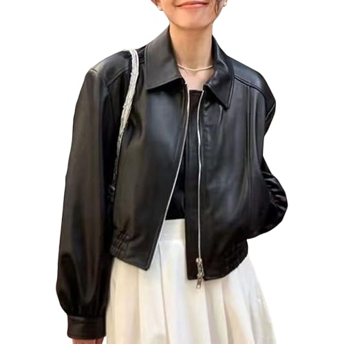 Manteau de moto en cuir synthétique femme DGKaxiyaHM au col rabattable style bomber