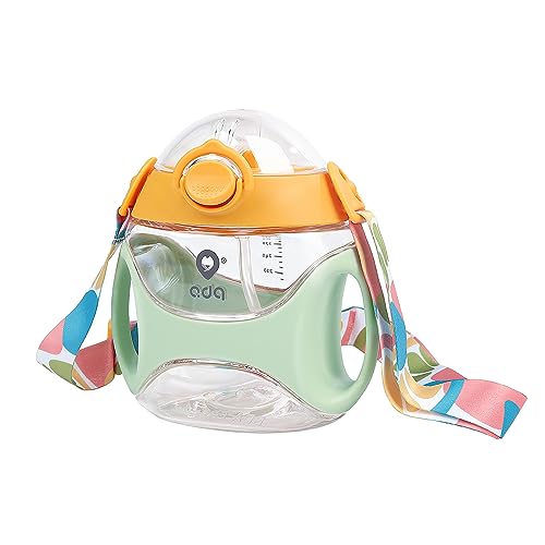 Image of wooshwa Baby Straw Water Bottle with Handles and Strap, Portable Travel Toddler Cup for School,11 Ounce(Green)