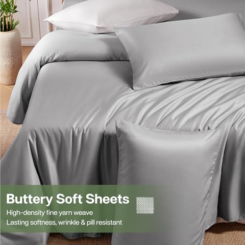 MR&HM Twin Sheets Set, 3-Piece Cooling Sheets, Rayon Derived from Bamboo & Polyester Blend, Soft & Silky, 15" Deep Pockets with Elastic Straps, Hotel Luxury for Hot Sleepers, Silver Grey