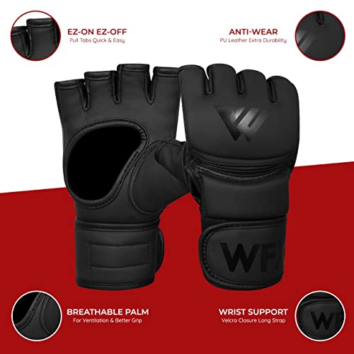 WFX MMA Boxing Gloves Open Palm Padded Knuckles Fist Wraps Martial Arts Training Leather Gloves Sparring Grappling Speed Bag Combat Mitts Kickboxing Punching Muay Thai Cut Pad Support (Black - Image 4