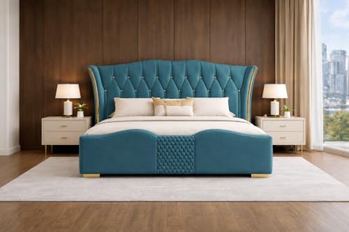 Image of Upholstered Queen Size Bed with Box Storage for Bedroom | Wooden Double Bed with Wooden Ply with Storage | Platform Cot Palang with Headboard | 6.5 x 5 Ft | Sheesham Wood | Teal Blue