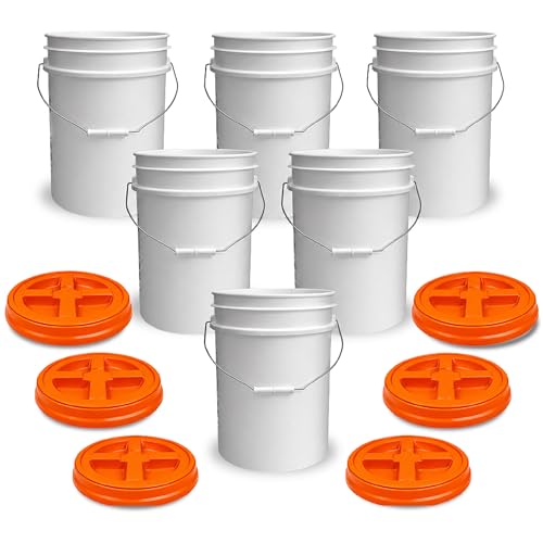 Image of ePackageSupply 5 Gallon Bucket - Food Grade w /Lid BPA-Free, White /Orange, 6 | Airtight Gamma Seal Screw-On Lid, Heavy-Duty 90 Mil HDPE Plastic, Food Safe and Durable Container, Bulk Storage, Made in USA