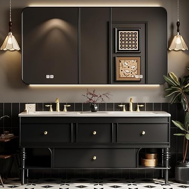 Double Bathroom Vanity - Double Wall Mounted Cabinet Set with Led Light & Defogger Mirror | Abundant Storage Space, 4 Drawers, Luxurious French Vintage Bathroom Vanity Set for Bathroom, Black (88IN)