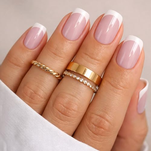 GLAMERMAID Pink French Tip Press on Nails Short Soft Gel Fake Nails Short Sqaure Fit Perfectly & Natural Classy French Glue on Nails 30 Pcs Reusable Acrylic False Nails Manicure Kit for Women Gift