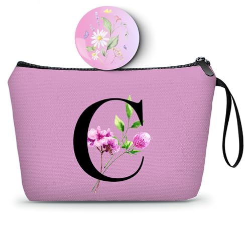 SEAMOON A-Z Monogrammed Gifts for Women, Purple Makeup Bag with Mirror, C
