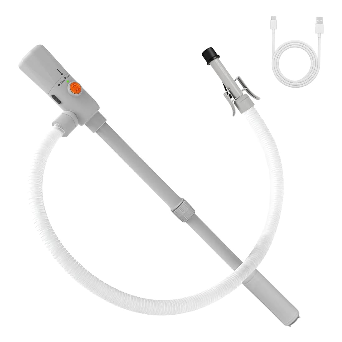 Pompa di Trasferimento Carburante & Pompa Travaso Benzina/Gasolio – Doppia Alimentazione USB-C/AA, Portata 3.2 GPM, Arresto Automatico, Tubo Principale 51 Pollici + Pompa di Inserimento Telescopico