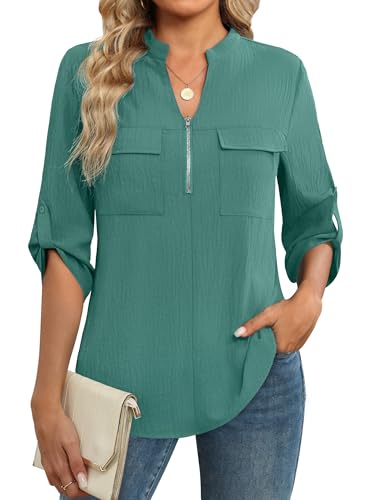 Funlingo Business Casual Tops for Women 3/4 Length Sleeve Womens Tunic Tops V Neck Dressy Work Blouses Professional Clothes 2026 Turquoise M