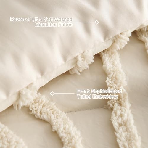 Image of Boho Tufted Comforter Queen Size Beige Geometric Tufted Comforter Set Bohemian Arch Tufted Bed Set 3 Pieces Shabby Chic Embroidery Soft Jacquard Bedding for All Seasons with 2 Pillowshams