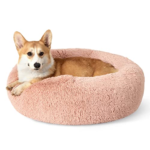 Image of Bedsure Calming Dog Bed for Medium Dogs - Donut Washable Medium Pet Bed, 30 inches Anti-Slip Round Fluffy Plush Faux Fur Cat Bed, Fits up to 45 lbs Pets, Pink