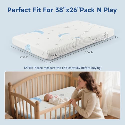 Image of PanKers Pack and Play Mattress 38 inchx26 inch, Dual Sided Premium Memory Foam Pack N Play Mattresses for Baby Toddler, Breathable Mattress for Pack N Play Pen with Washable Cover