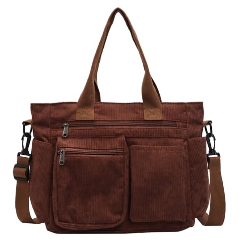 Vintage Corduroy Tote Bag with Zipper, Large Shoulder Bag for Women with Multi-Pocket, Lightweight Crossbody Purse