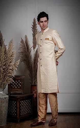 Image of Amzira Men's Soft Cotton Indo Western Kurta Pyjama Set with Mandarin Collared Neck Long Sleeves Button Closure and Solid Pant