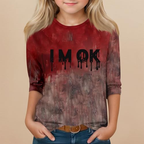 Halloween Shirts for Teens Girls Bloody 3/4 Sleeve Fall Cute Shirts Loose I'm Ok Tops Funny 3/4 Length Sleeve Clothes2